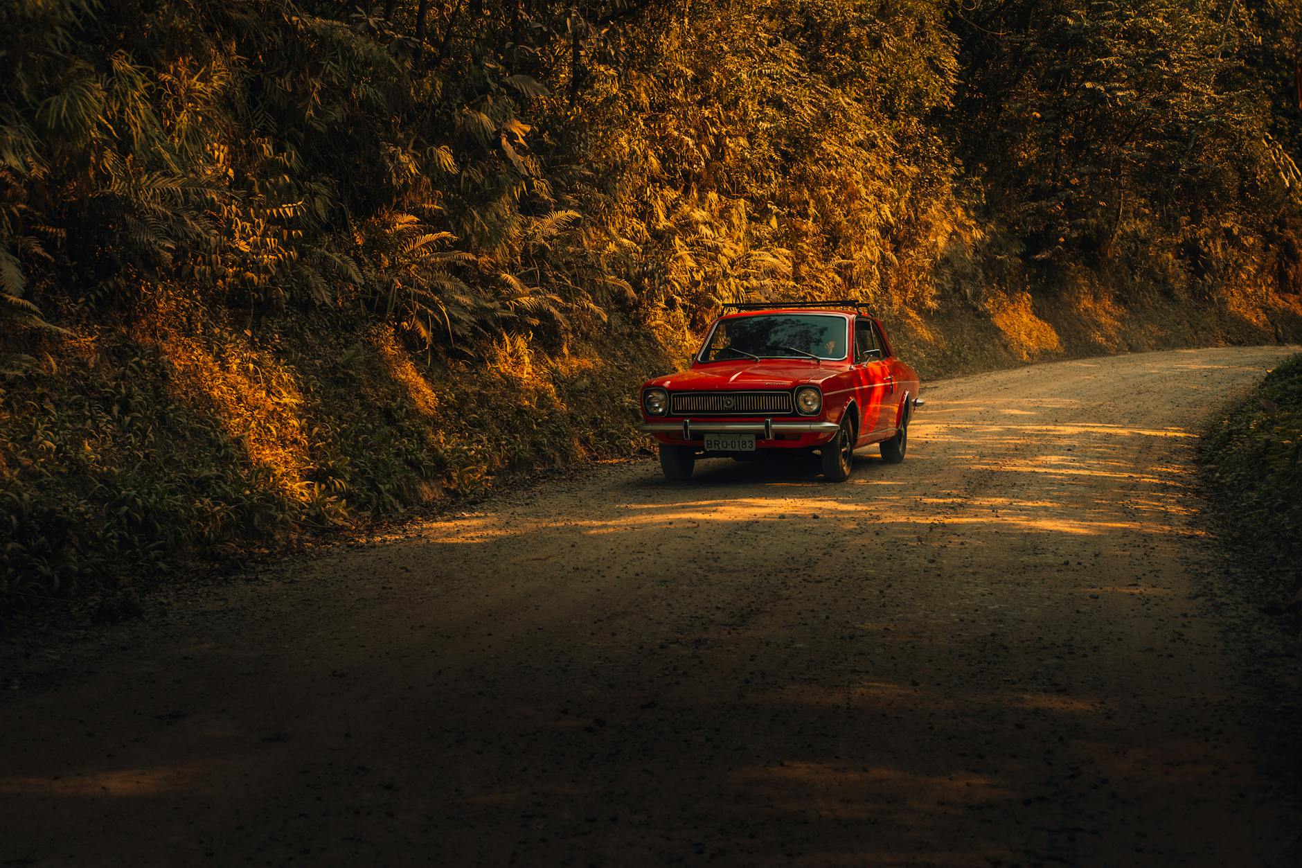 Czerwone auto jedzie leśną szutrową drogą pod Ribeirão Pires o zachodzie słońca