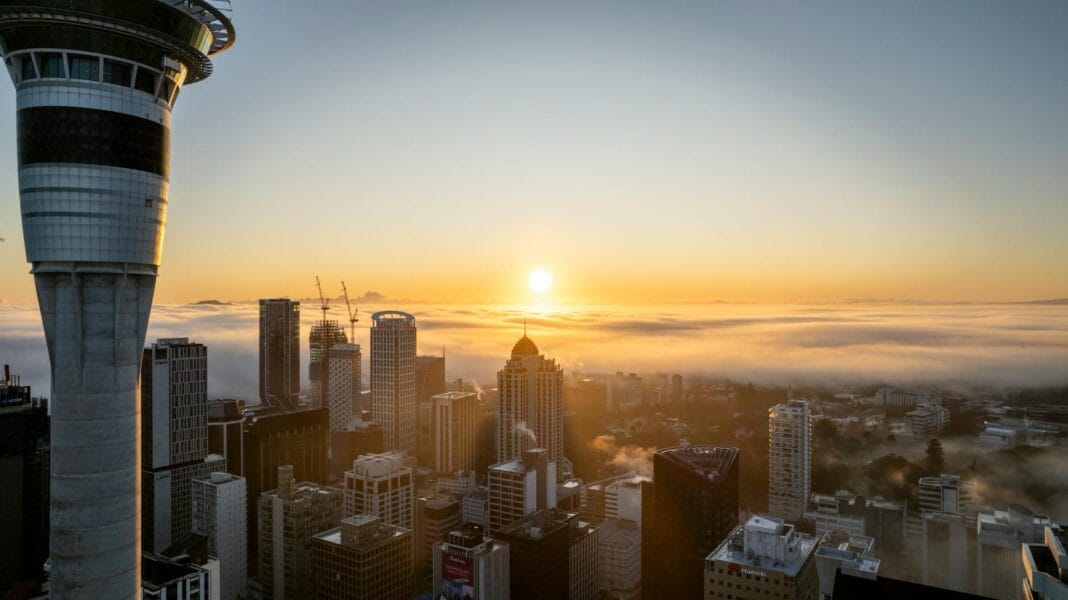 Wschód słońca nad Auckland z wieżą Sky Tower w porannej mgle Wschód słońca nad Auckland z wieżą Sky Tower w porannej mgle