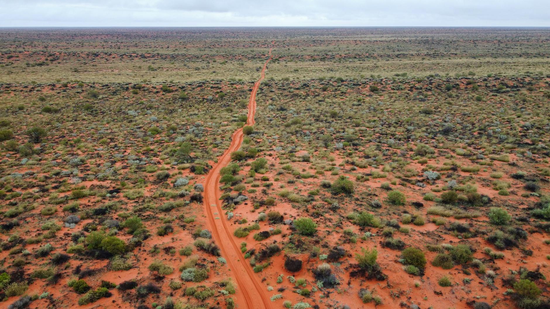 Szutrowa droga wijąca się przez bezkresny, suchy australijski outback